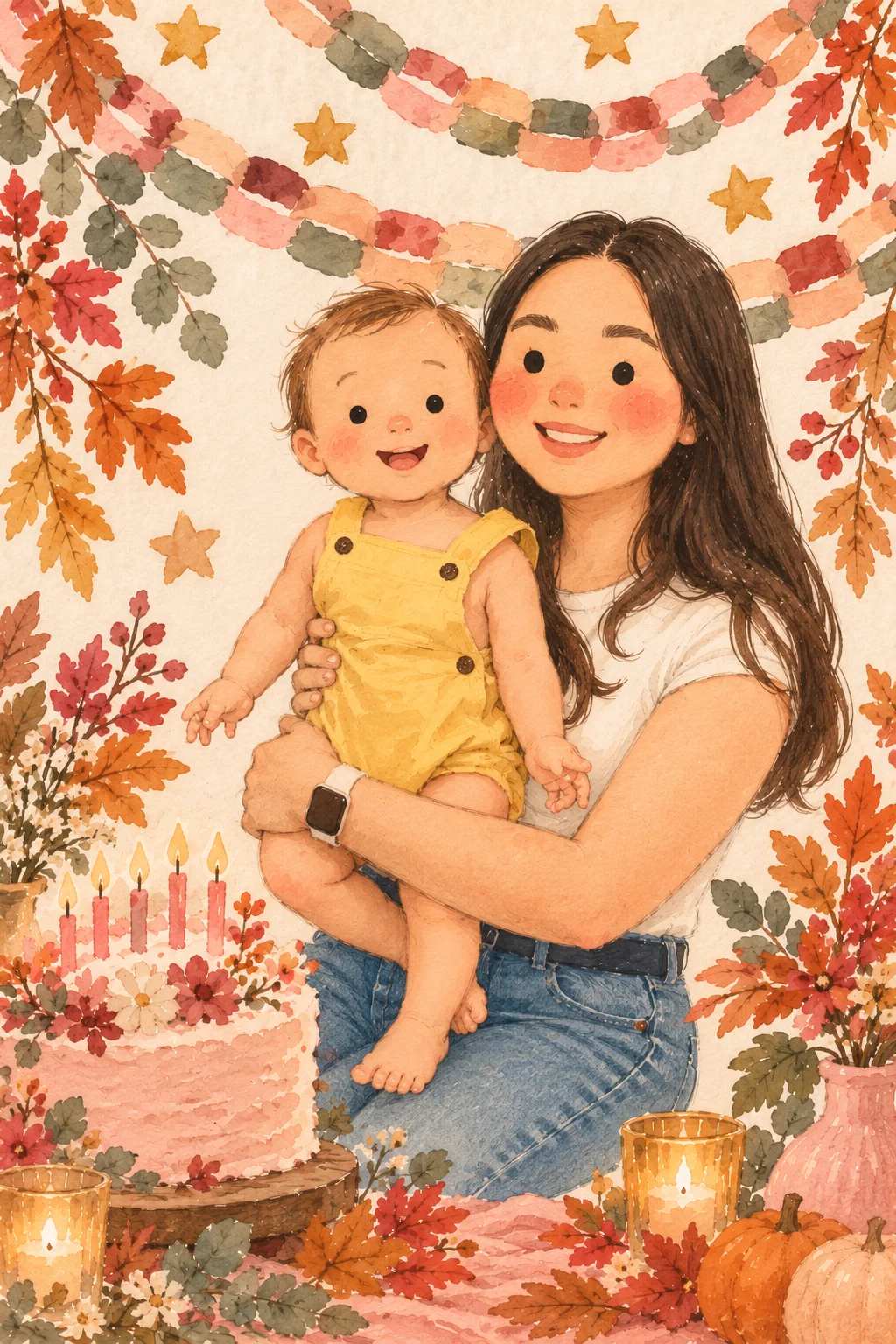 Ilustración en acuarela de Karina y Martín con pastel rosa, velitas, guirnaldas y decoración otoñal.